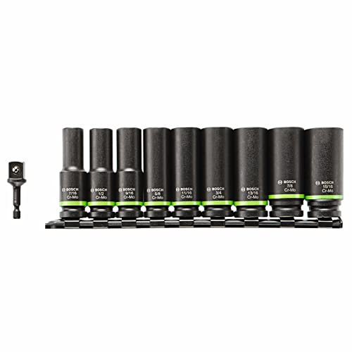 Bosch ITDSO12V10 10 pc. Impact Tough Deep Well 1/2 Socket Set with 1/4 Hex to 1/2 Socket Adapter, Black