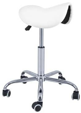 QUIRUMED Taburete Pony 5 Ruedas, Base cromada, Color Blanco, Tapizado en Polipiel, Regulable en Altura, Ligero, diseño ergonómico, Giratorio, hasta 150 kg