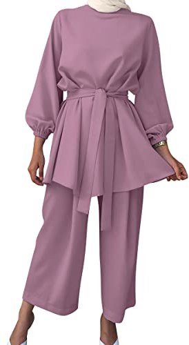 IBTOM CASTLE Muslimische Kleider Damen Corban Naher Osten Arabisch Islamische Kleidung Langärmeliges Oberteil und Weite Hose Outfits Rosa und lila S