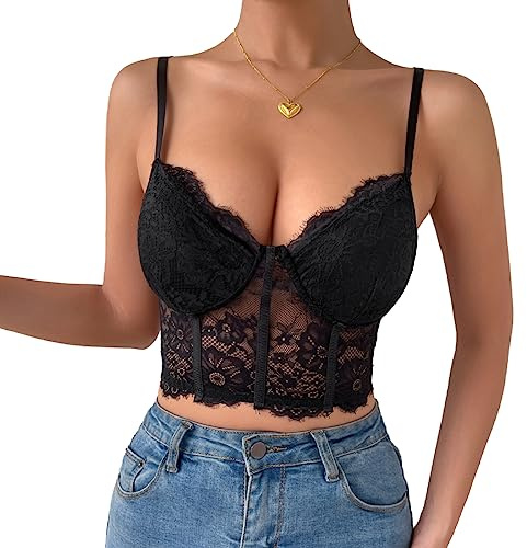 Rongseng Crop Top Femme Debardeur en Dentelle Col en V Haut Court Camisole Sexy Chic Bretelles Spaghetti sans Manches Cropped Gilet Casual Été Cami Tank Top