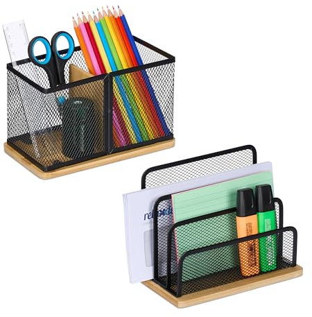 Relaxdays Schreibtisch Organizer Set 2-TLG., Metall, Briefständer & Stiftehalter, Büro-Organizer, Bambus, schwarz/Natur