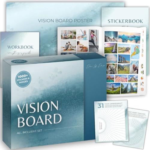 ME MINDFUL Vision Board Set ALL IN ONE Box: 1000+ Selbstklebende Bilder, A2 Poster und Workbook für Dein Visionboard. Visualisiere das Leben deiner Träume.