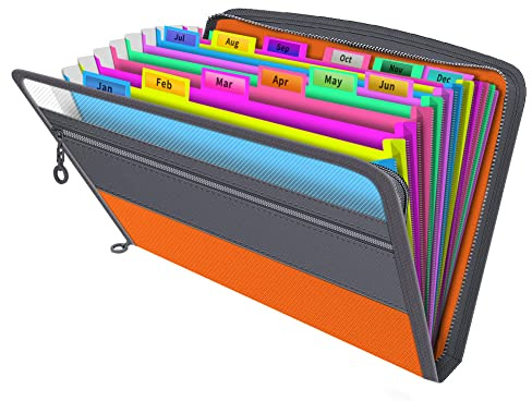 Vanulee Expanding File Folder, Accordion Document Box File Organiser with 13 Multicolour Pockets and Tabs,A4 Paperwork Filing Folders, Orange