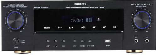 SOBATTY Stereo Receivers,5.1 Channels Audio Amplifier with HDMI,Optical/Coaxial,Bluetooth/USB,RCA,AC-3 Input,Subwoofer Output for Karaoke,Home,Theater Speakers(Non-Dolby/DTS)