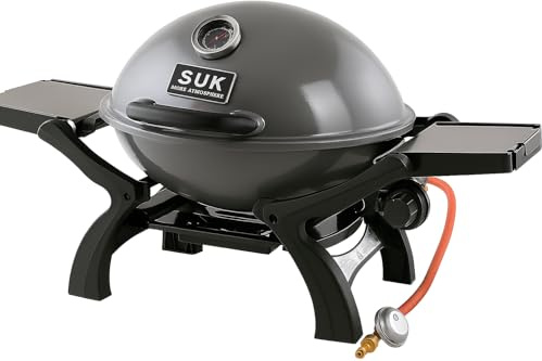 SOUK ONE Barbecue a gas da tavolo mobile (grigio) con griglia in ghisa ovale 48x36 cm, 3,5 kW, ripiani pieghevibili e termometro, balcone, campeggio e esterni