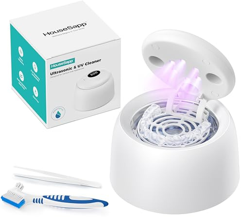 HouseSapp Ultrasonic Retainer Cleaner Machine - 45kHz Dental Clean Pod with 6 Cleaning Lights for Denture, Toothbrush Head, Aligner, Night/Mouth Guard, Jewelry, Ultra Sonic Cleaner with Lifting Tray