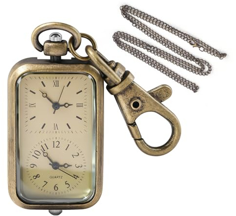Tiong Retro Rectangular Men's Quartz Pocket Watch Keychain with Fine Chain - Ideal for Key Organization and Necklace Styling