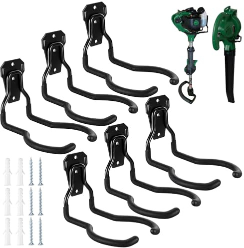 CraftyDream 6 Pack Garden Power Tool Hooks String Trimmer Garage Wall Mount Holder Rack Heavy Duty Utility Hangers for String Trimmer Leaf Blower Lawn Equipment Tool Organizers and Storage Accessories