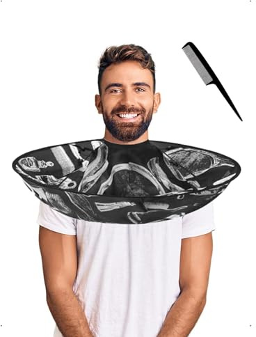 KONFEN Capa de Peluquería con Peine, Capas Estampada Impermeable y Plegable Forma de Paraguas, Capa de Corte de Pelo Ajustable Profesional Accesorio Cortar Teñir Permanente Casa Salón, Negro