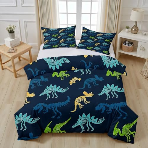 Tyafsgvqo Dino Bettwäsche, Bunt Dinosaurier Bettwäsche 135x200, Blau Jurassic Dino Totenkopf Bettbezug 135 x 200, Duvet Cover Wendebettwäsche und 2 Kissenbezug 80x80 fur Kinder Jungen Mädchen