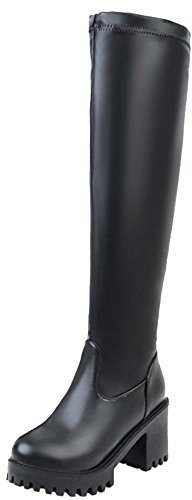 Onewus Botas altas de tacón bloque de rodilla de mujer Punta redonda Plataforma Botas de caña larga, Negro , 43 EU