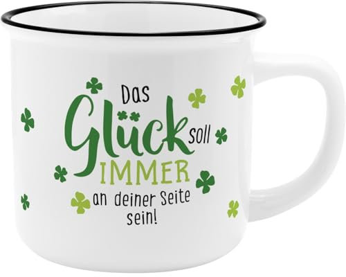 GRUSS & CO Becher Motiv Glück an deiner Seite | New Bone China Porzellan, Emaille-Optik, 35 cl | Geschenk, Frühstück | 48503