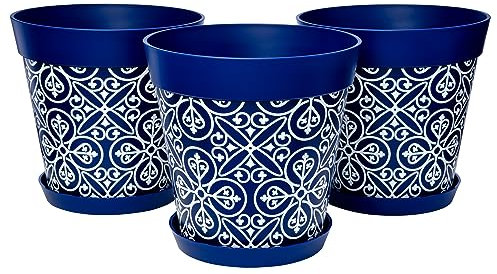 Hum Flowerpots set of 3 plastic, indoor/outdoor plant pots 25cm diameter and 3 saucers 19cm diameter (Moroccan Blue)