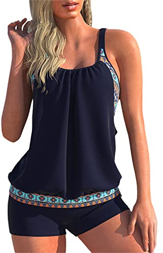 tinbarry Tankini Donna Costume da Bagno a Due Pezzi Push Up Set Bikini Stampato Dimagrante Moda Spiaggia Costumi da Bagno Eleganti Canottiera con Pantaloncini da Bagno Beachwear