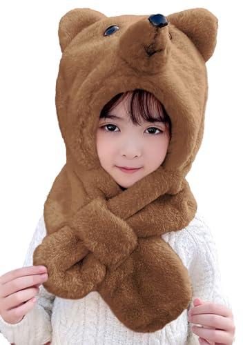 Rayson barns vinterhatt flickor pojkar hatt halsduk varm söt björn vinterhattar fleece halsdukar öronlappar 3 i 1 set, BRUN, one size