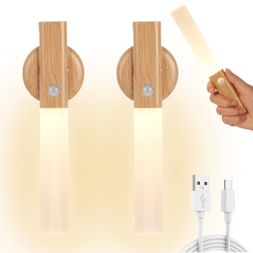 HOTUT Luz Nocturna con Sensor de Movimiento, 2 Piezas LED Luz de Noche Recargable, ON/OFF automático LED Lámpara Adhesiva con Base Adsorción Magnética para Armario Dormitorios Pasillos(Blanco Cálido)