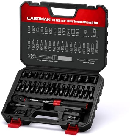 CASOMAN 33-Piece 1/4 Drive Torque Wrench Set, 3-25Nm Click Torque Wrench, 72-Tooth Dual-Direction, Cr-V Steel, Bit/Shallow Sockets for Bicycle Car Moto Maintenance
