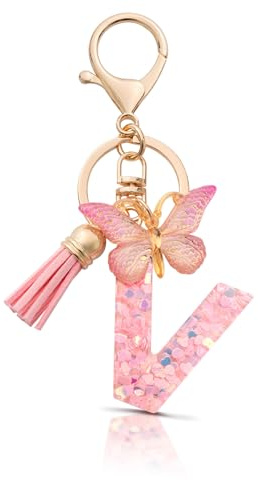 MORSUNBELA Porte-clés pour filles en forme de lettre avec initiale, pendentif en forme de papillon pour femmes et dames, Rose, S