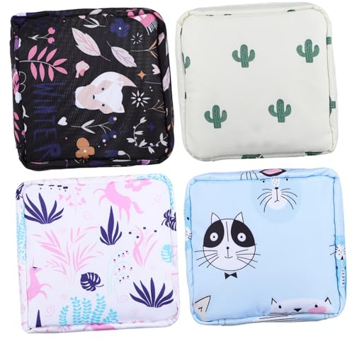 OUNONA Sanitary Napkin Storage Bags Easy to Carry Portable 4 Pcs Nylon with Zipper Pads Holder Pouches with Animal Print Design for Women and Girls for Travel and School Use