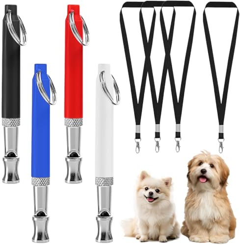 VGECEE 4 Pz Fischietto per Cani, Fischietto a Ultrasuoni per Cani Fischietto Scacciacani con Cordino Fischietto Repellente per Cani per II Richiamo e L'Addestramento (Nero, Bianco, Blu, Rosso)