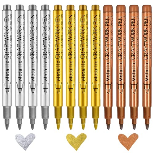Alyxen 12 Pezzi Penne Vernice Acrilica Metallizzata,Marker Permanenti per Vetro, Ceramica e Pietra - Pennarelli indelebili Metallizzati per Disegnare su Roccia, Tazze, Legno