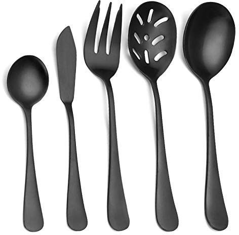Matte Black Serving Set，SHARECOOK 5-Piece 18/0 Stainless Steel Large Hostess Set with Round Edge, Satin Finished, Dishwasher Safe -Spoons, Forks,Butter Knife& Slotted Spoon