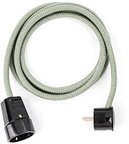 2.5m Textil Verlängerungskabel LEINEN-GRÜN, Textilkabel mit Schuko-Winkelstecker und Kupplung aus Duroplast (Bakelit Optik)