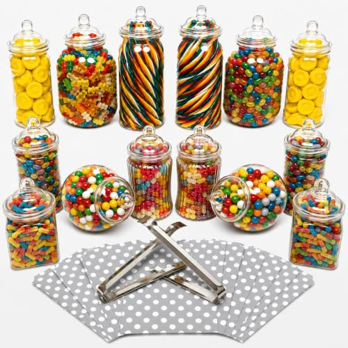 14 Plastic Sweet Jars, 7 Styles, 2 Tongs and 50 Bags. Ideal for Party, Wedding, Sweet Table, Candy Buffet (Silver Grey Polka Dot Bags)