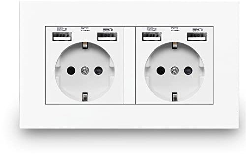 Suwequest Eu Standard Switch Outlet 16A Light Switch 2 Gang 1 Way / 2 Way White Double Frame Panel Wall Embedded Usb Power Socket White (4 usb)