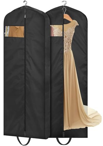 MISSLO 65 Long Garment Bags for Travel Dress Bag Covers Waterproof Wedding Dress Carrier for Women Hanging Clothing Bags Protectors for Storage Coats, Clothes, Suits, Black, 2 Packs