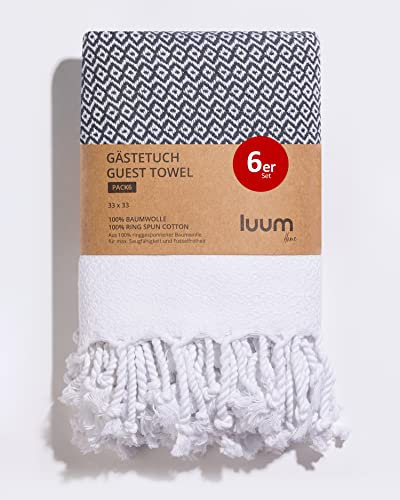 Luum® 6er Set Hamam Gästehandtücher, Deko Handtücher, Seiftuch, Waschlappen, Stoffservietten, Putzlappen, 100% Baumwolle schnelltrocknend fusselfrei Anthrazit 33x33 Geschenkset Geschenke für Frauen