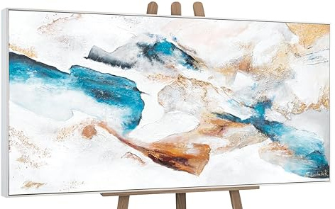 YS-Art Cuadro pintura abstracta hecho a mano Esmeralda Colores blancos y azules saturados con dorado Pintado en acrílico Arte moderno con marco 120x60 cm