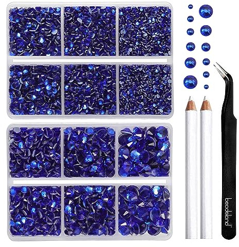 BEADSLAND Strass Hotfix, 6080 Pezzi Strass Termoadesivi per Tessuti Blu Misto 6 Misure con Kit Matita Cera e Pinzette, SS6-SS30, Zaffiro
