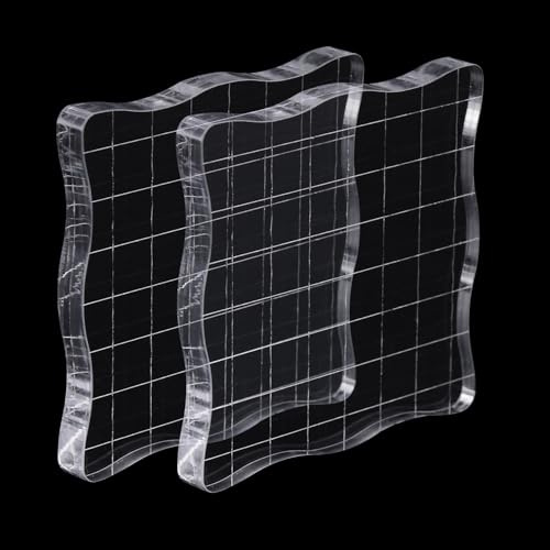 Hosifiy 2 stycken stämpelset, akrylblock för silikonstämplar, 7,5 x 7,5 cm, vågigt akrylstämpelblocksset med rutnätslinjer, transparent akrylblock, stämplar, stansblock för scrapbooking och