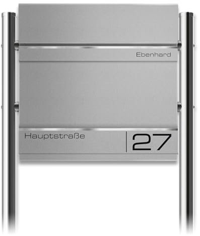 Metzler Standbriefkasten Hermann aus massivem, pulverbeschichtetem Stahl in RAL 9007 Graualuminium, mit Lasergravur, Edelstahl-Leisten, mit beidseitigem Zeitungsfach, Größe: 37x37x10,5 cm, Höhe 120 cm