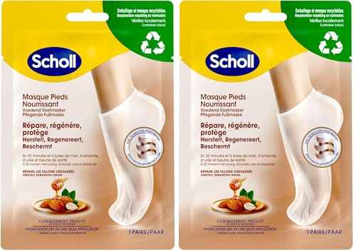 Scholl Masque Pieds à l'Amande et au Miel pour peaux sèches - En 20 minutes - Chaussettes de soin hydratantes, non grasses et faciles à utiliser - Masques et emballage recyclables - 1 paire (Lot de 2)