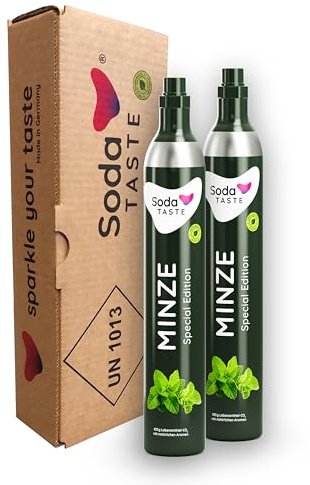 SodaTASTE 2 cilindri di CO2 (ricarica) per gorgogliatore, con aroma di menta naturale, senza sciroppo, per fino a 120 l di acqua frizzante con gusto, senza zucchero (attenzione: 2 cilindri vuoti