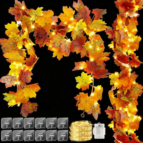 Guirnalda de hojas de arce otoñal de 40 ledes de 175 cm, guirnalda de otoño con luz, guirnalda de luces de otoño, hojas de arce, decoración de otoño para el hogar