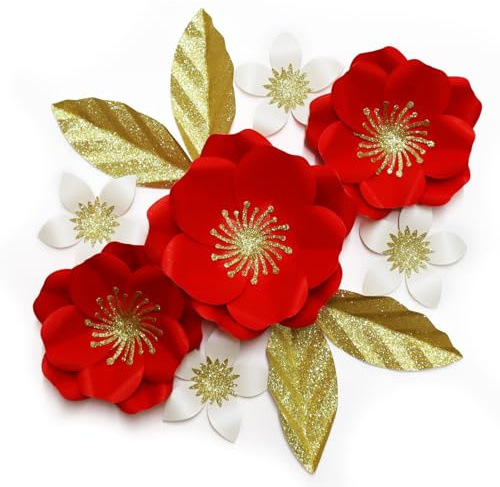 Christmas Paper Flower Set of 11 – Red & Gold Shiny Cardstock 3D Flowers with Hook & Sticker – Dual Hanging Styles – Elegant Wall & Door Decor – Perfect for Holiday, Party & Home Decoration
