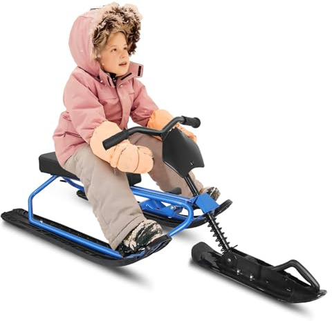 Snow Racer Sled, Heavy-Duty Steel Frame Snow Sled with Steering Handle & Brakes, Ski Sled Slider Board with Twin Brakes for Kids/Teens Winter Sports - Free 2 Meters of Traction Rope