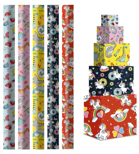 Papel de Regalo 70x200cm (Pack de 5 Rollos) - Diseños Surtidos y de Papel Resistente - Ideal para Envolver Regalos en Cumpleaños, Bodas, Navidad, Fiestas - Infantil