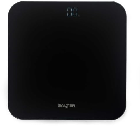 Salter Digital personvåg – dold display, elektronisk badrumsvåg, glasskiva, 28 x 28 cm, 180 kg, direkt vägning, 0,1 kg steg, svart