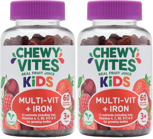 Chewy Vites Kids Multi-Vitamin + Iron, 60 Kids Vitamins Gummies, Iron Gummies, 13 Essential Vitamins and Minerals, 2 Months Supply, Real Fruit Juice, Vegan, Age 3 +, Berries Flavour (Pack of 2)