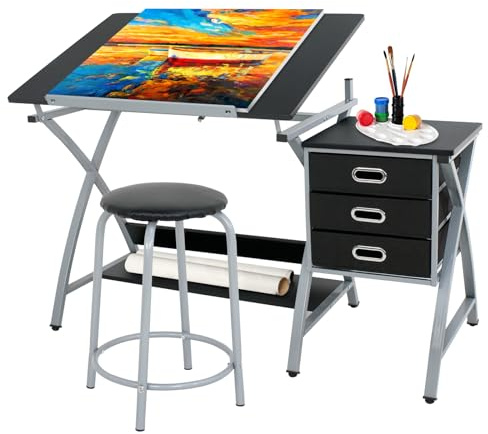 ZENY Drafting Table and Stool, Tilted Draft Table Desk w/Drawers, Artist Drawing Desk Craft Table for Drafting, Painting, Reading, Writing
