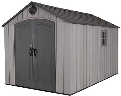 Lifetime 60305 Rough Cut Garden Storage Shed, 8 x 12.5 ft (244 x 381 cm), Wood-Effect HDPE, Steel-Reinforced High-Pitched Roof, Storm Dust Grey