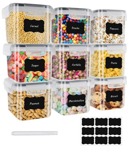 9 × 0.8 l Aufbewahrungsbox, für die Küche, luftdicht, lebensmittelecht, aus Kunststoff, mit Deckel, zum Aufbewahren von Cerealien, Nudeln, Mehl, Tierfutter