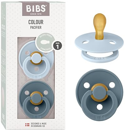 BIBS Colour Symmetrical Soother 2-Pack, BPA Free Dummy Pacifier, Symmetrical Nipple. Natural Rubber Latex, Made in Denmark. 0-6 Months (Pack of 2), Baby Blue/Petrol