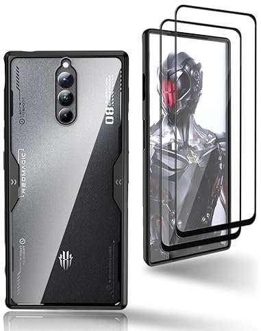 GMUJIAO Case for Red Magic 8 Pro/Pro Plus,ShockProof Dual-Layer Cover,2 in 1 TPU+PC Transparent Phone Case with 2 Pack Tempered Glass Screen Protector[Anti-fall]-Black