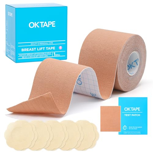 OK TAPE Bande de Levage de Poitrine pour Grands Seins A-G Coupe Ruban Invisible avec 5 Paires de Cache-Tétons Bande Vêtements pour Robes,Body Tape pour Gros Seins,5cm x 5m,Beige