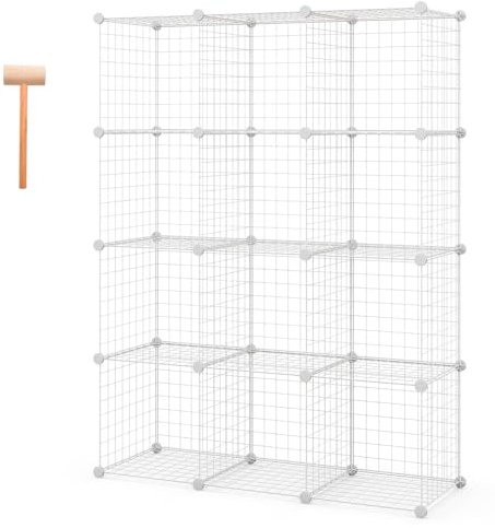 Multigot 12 Cube Wire Storage Shelves, Multifunctional DIY Interlocking Frame Wardrobe Closet Cabinet Rack, Books Clothes Display Organiser Unit for Livingroom Bedroom (White, 110x37x145cm)